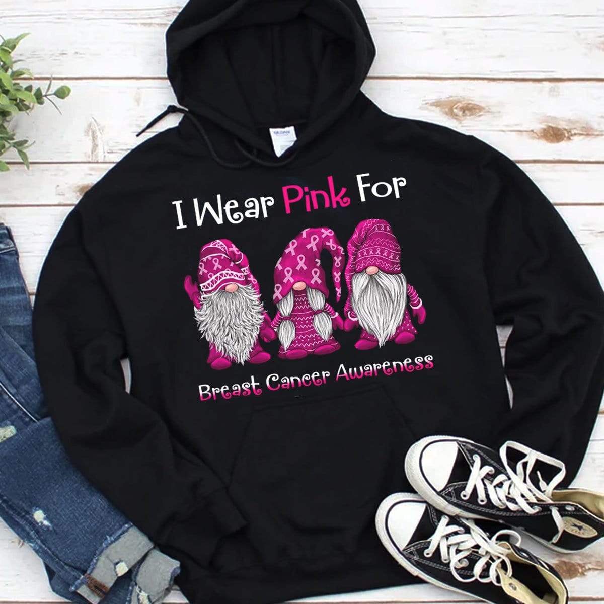 Sudadera con capucha y camisetas con la frase "Me pongo rosa por el cáncer de mama"