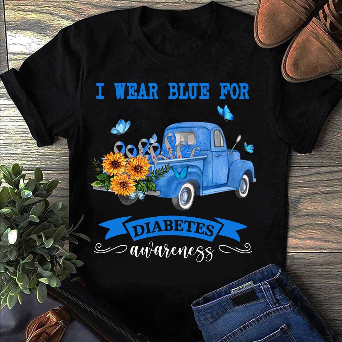 Llevo azul por la diabetes, camiseta con girasoles en el coche