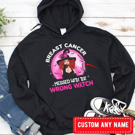 Messed With The Wrong Witch Personalized Halloween Breast Cancer Hoodie, Shirts