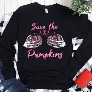 Sudadera con capucha y camisetas de Halloween contra el cáncer de mama Save The Pumpkins