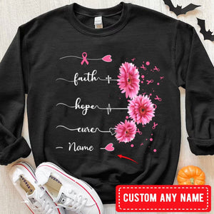 Sudadera con capucha y camisetas personalizadas con mensaje "Fe, esperanza y curación" para el cáncer de mama