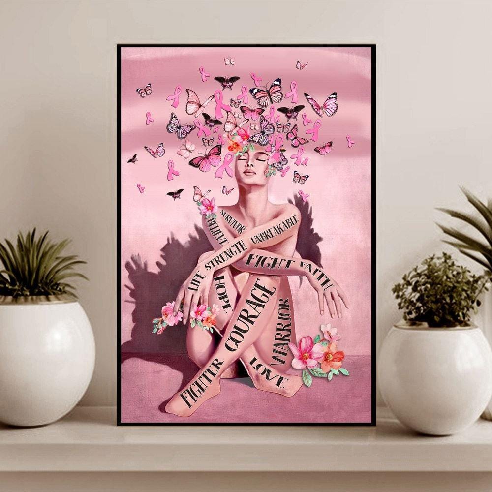 Póster de cáncer de mama, lienzo, lucha, fe, amor, coraje con impresión de pared de mariposa