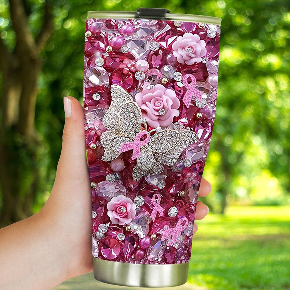 BREAST CANCER TUMBLER - Awareness Pink Ribbons Tumbler with Lid