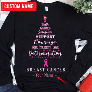 Camisetas de lucha contra el cáncer de mama con fe, esperanza, amor, apoyo, valor y árbol de Navidad