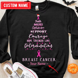 Camisetas de lucha contra el cáncer de mama con fe, esperanza, amor, apoyo, valor y árbol de Navidad