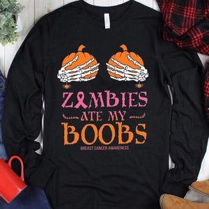 Sudadera con capucha y camiseta con el mensaje "Zombies Ate My B00bs" sobre el cáncer de mama