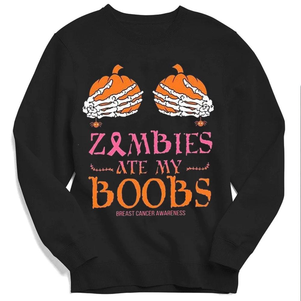 Sudadera con capucha y camiseta con el mensaje "Zombies Ate My B00bs" sobre el cáncer de mama