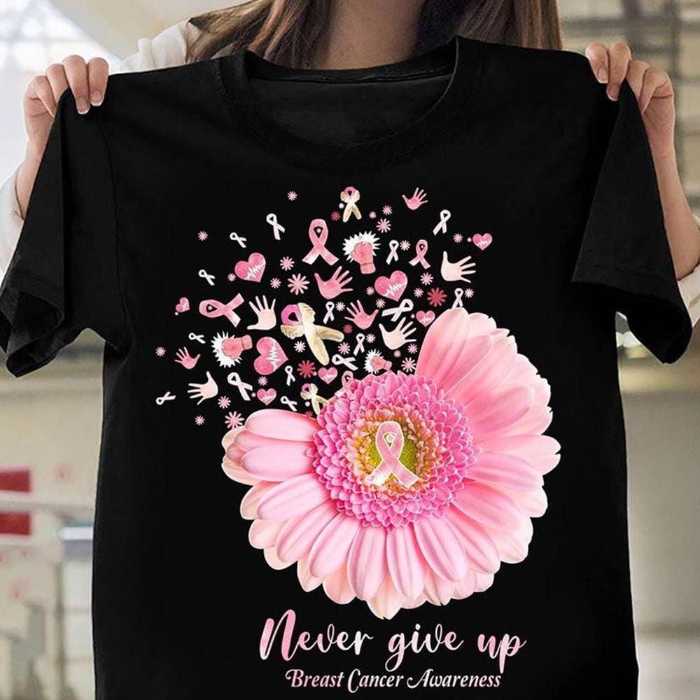 Breast Cancer Shirts Never Give Up Ribbon Sunflower, Breast Cancer Warrior Shirt