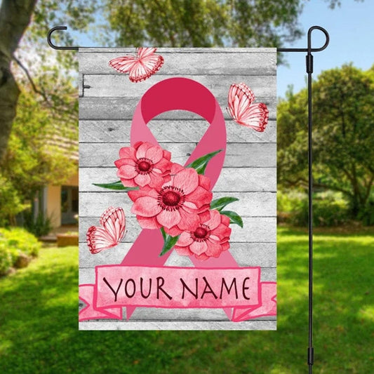 Bandera personalizada para casa y jardín con lazo rosa contra el cáncer de mama