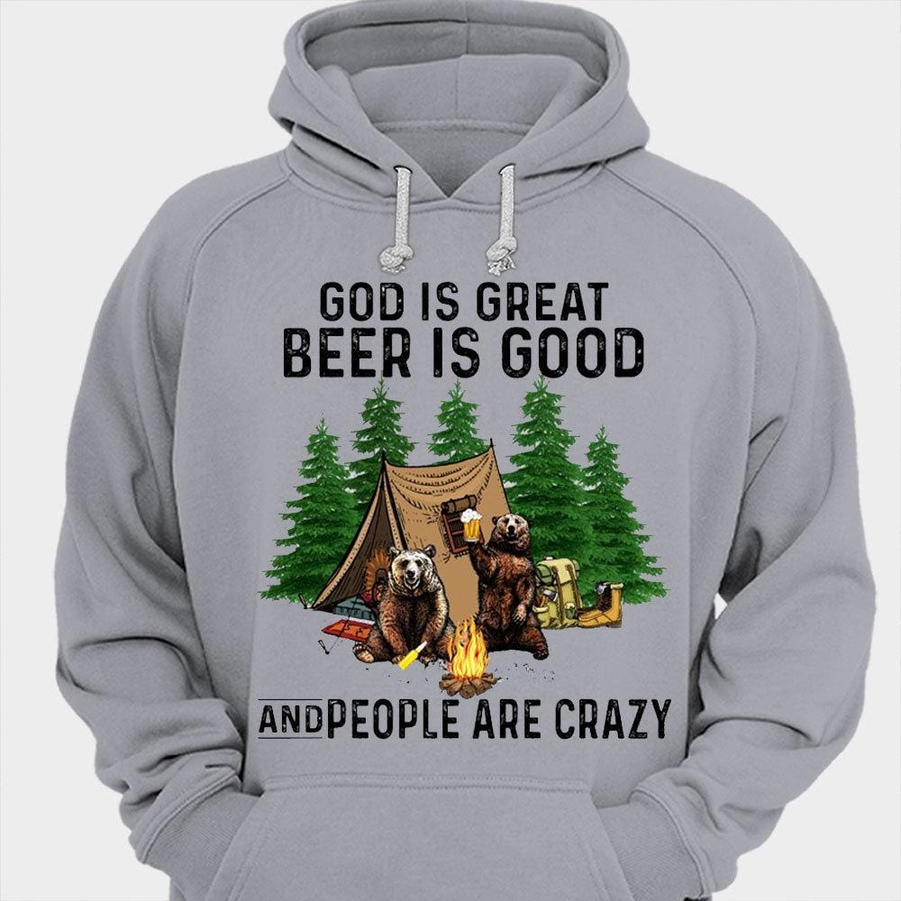 Dios es grande, la cerveza es buena y la gente está loca, camisetas para acampar