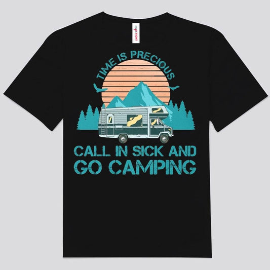 El tiempo es precioso. Llámanos y vete a acampar. Camisetas