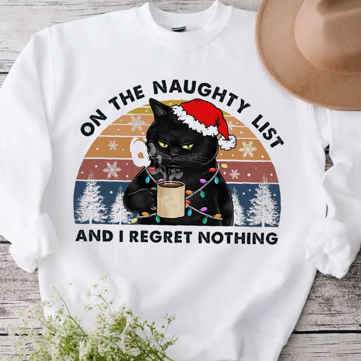 On The Naughty List And I Regret Nothing Cat Christmas Shirt