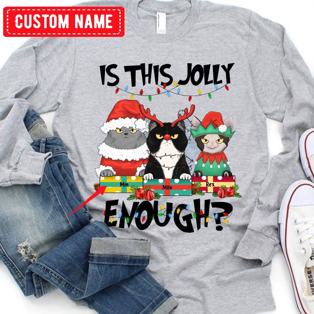 ¿Es esta una camiseta navideña personalizada con un gato lo suficientemente alegre?