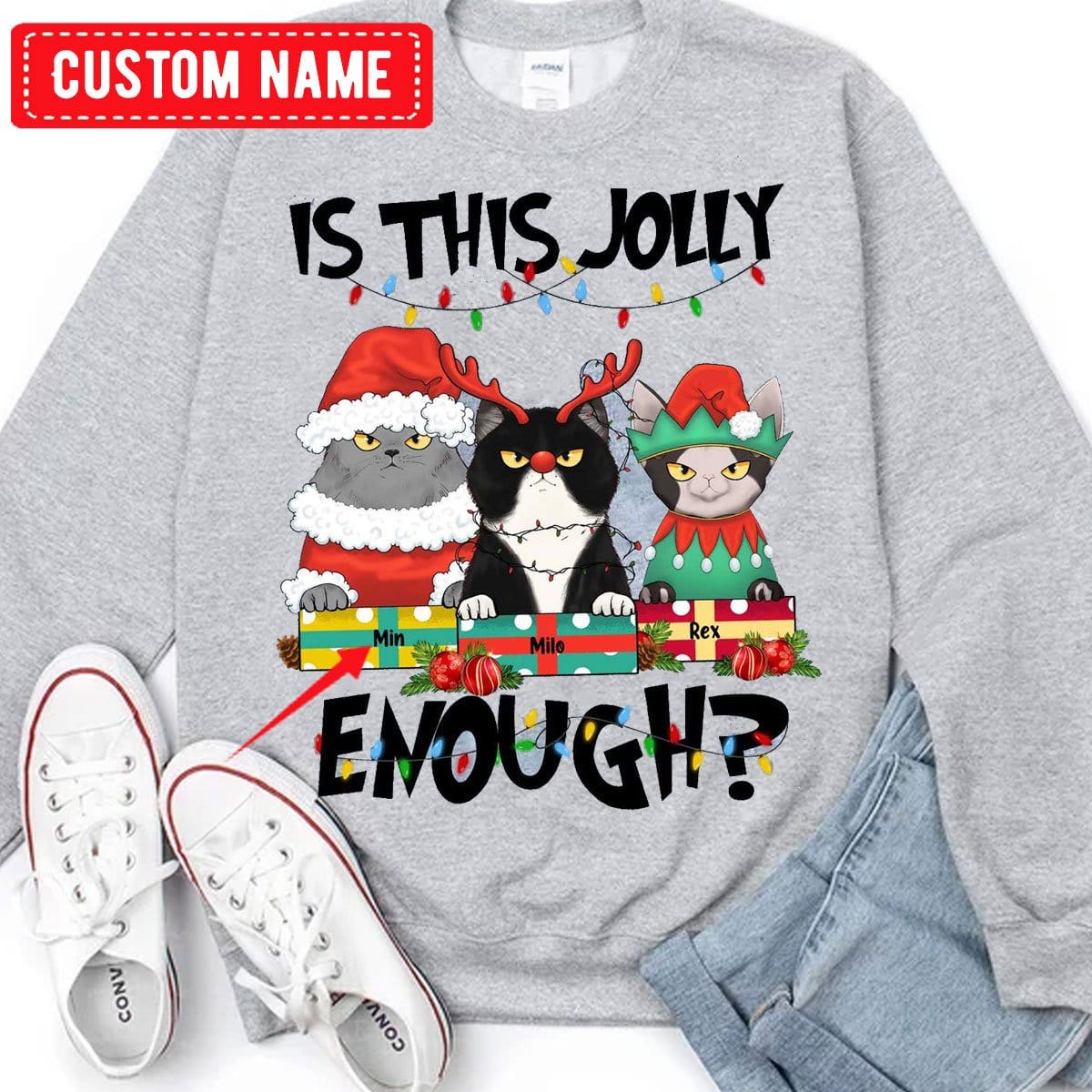 ¿Es esta una camiseta navideña personalizada con un gato lo suficientemente alegre?