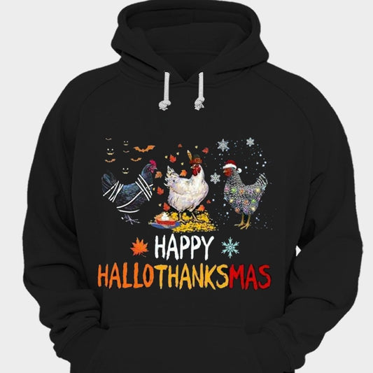 Camiseta de pollo con mensaje "Happy Hallothankmas Christmas &amp; Halloween"