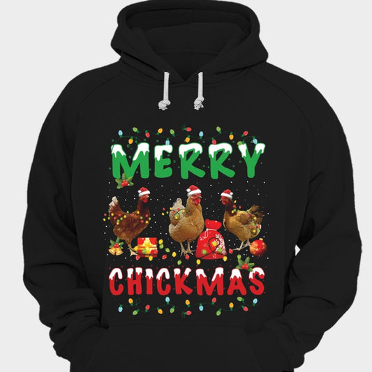Camiseta navideña con pollo y texto "Merry Chickmas"