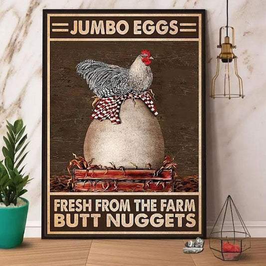 Póster de pollo con nuggets y huevos gigantes recién salidos de la granja, lienzo