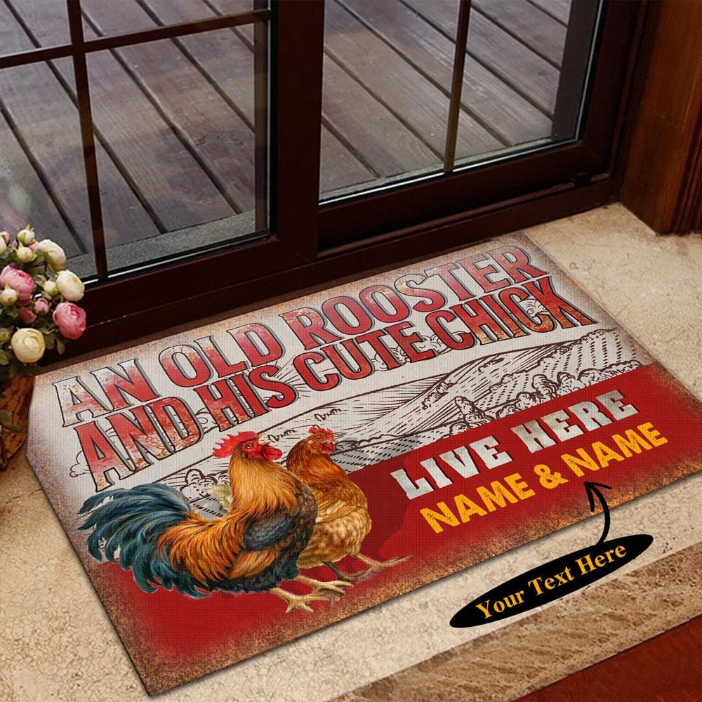 An Old Rooster And His Cute Chick Live Here, Personalized Chicken Doormat