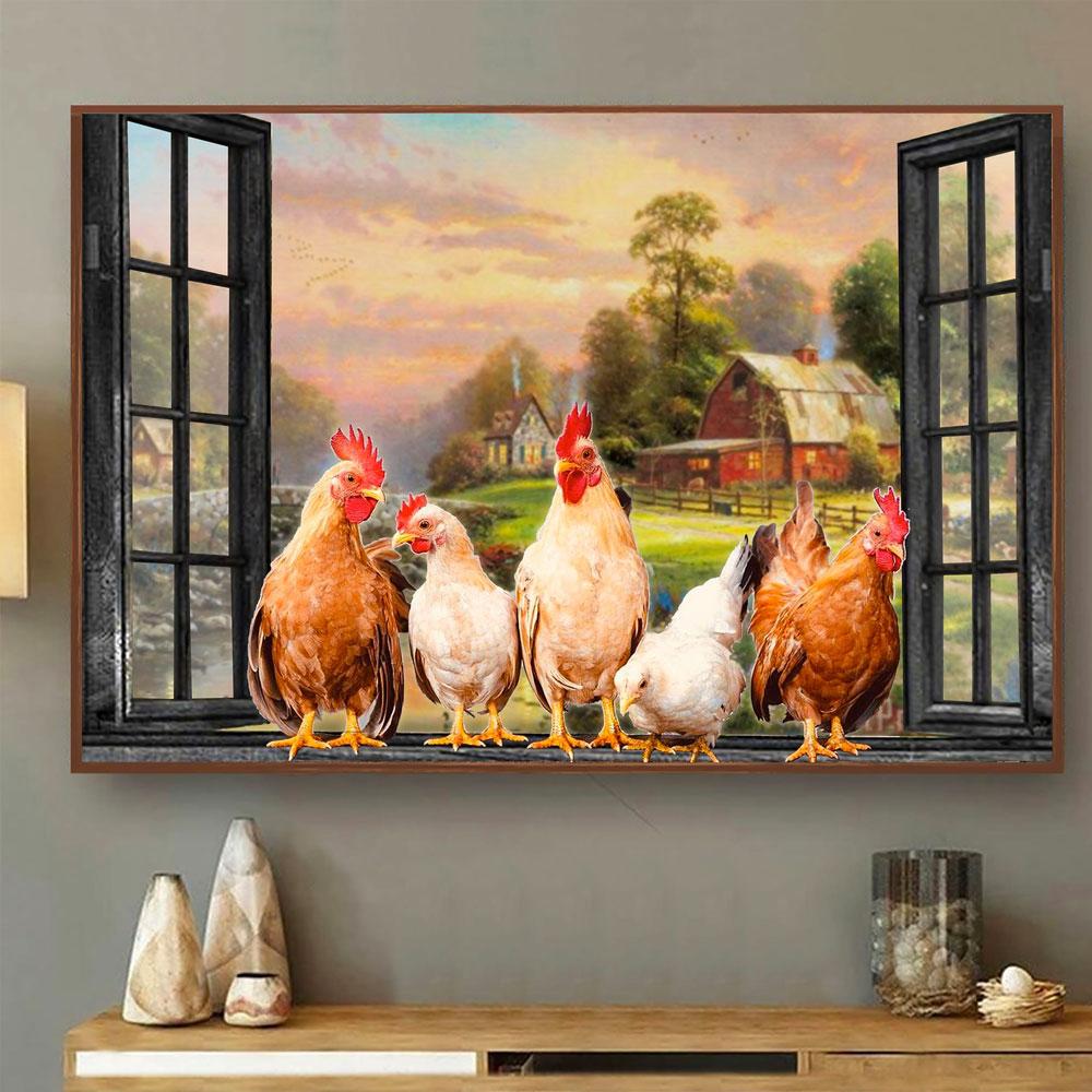 Chickens On Window, Chicken Poster, Canvas