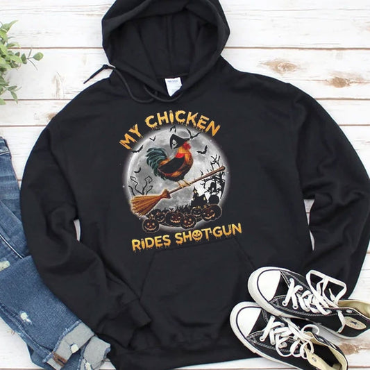 Sudadera con capucha y camiseta de Halloween con el pollo My Chicken Rides Shotgun