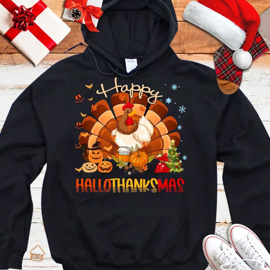 Sudadera con capucha y camiseta con el mensaje "Happy Hallothanksmas Chicken"