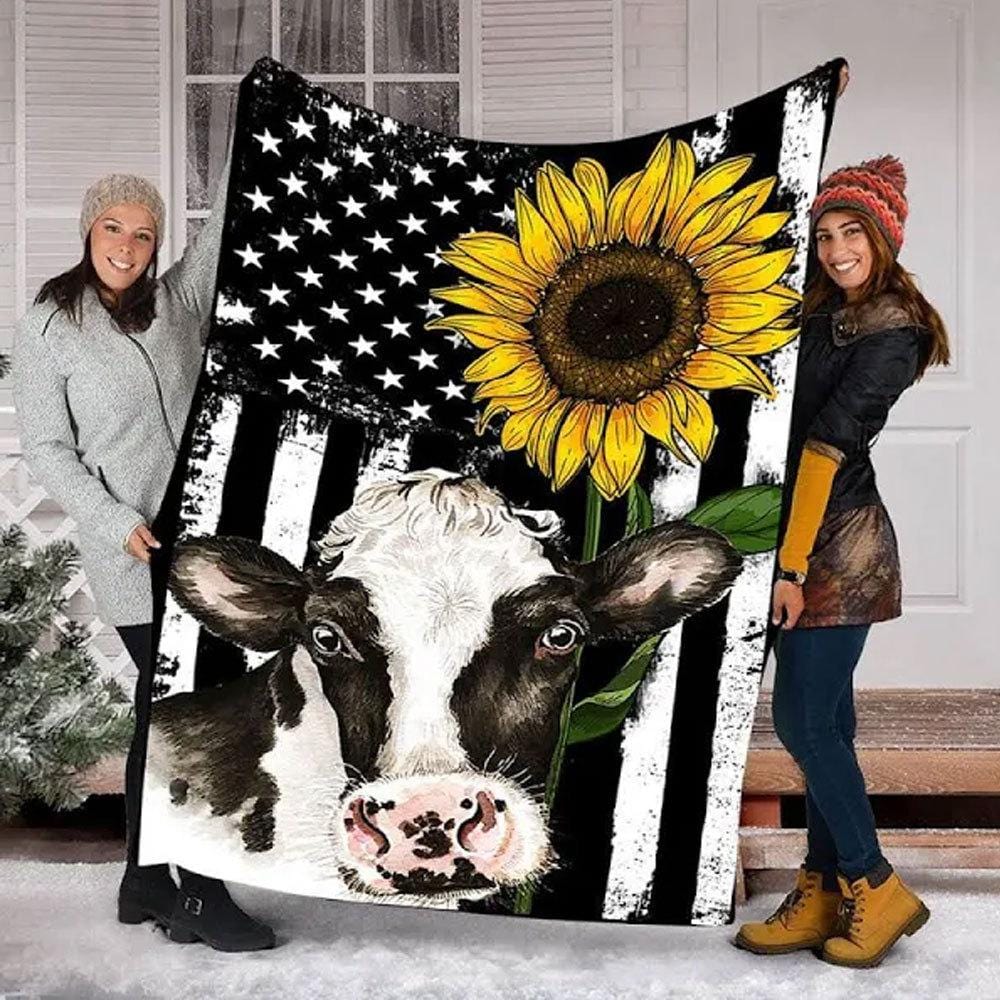 Black And White Cow & Sunflower, Cow Print Blanket Fleece & Sherpa