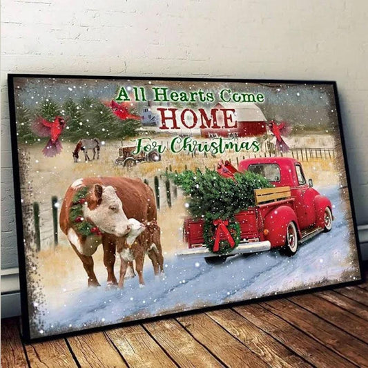 Póster de vaca Hereford, All Hearts Come Home For Christmas, lienzo