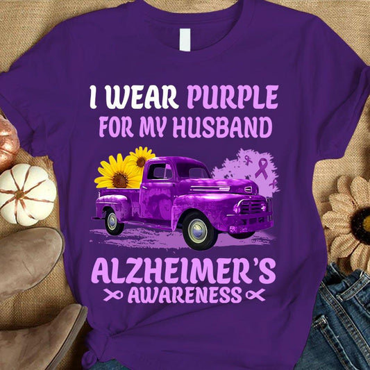 Llevo morado por mi marido, coche con lazo de girasol, camiseta de concienciación sobre el Alzheimer