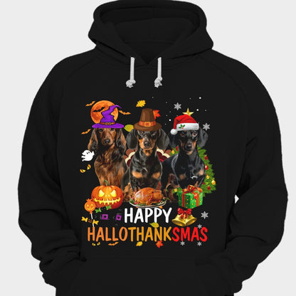 Camisetas de perro salchicha con el mensaje "Happy Hallothanksmas"