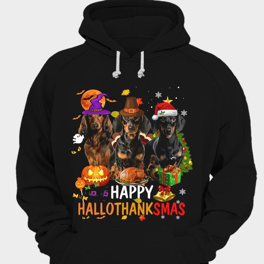 Camisetas de perro salchicha con el mensaje "Happy Hallothanksmas"
