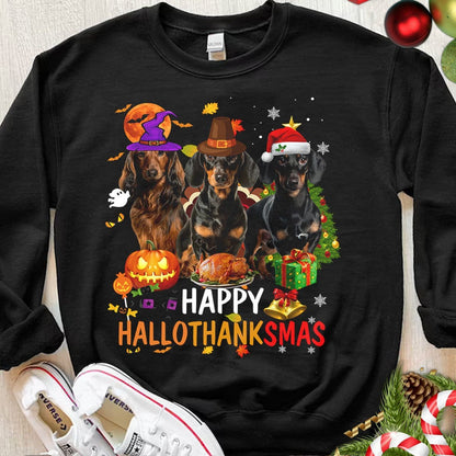 Camisetas de perro salchicha con el mensaje "Happy Hallothanksmas"