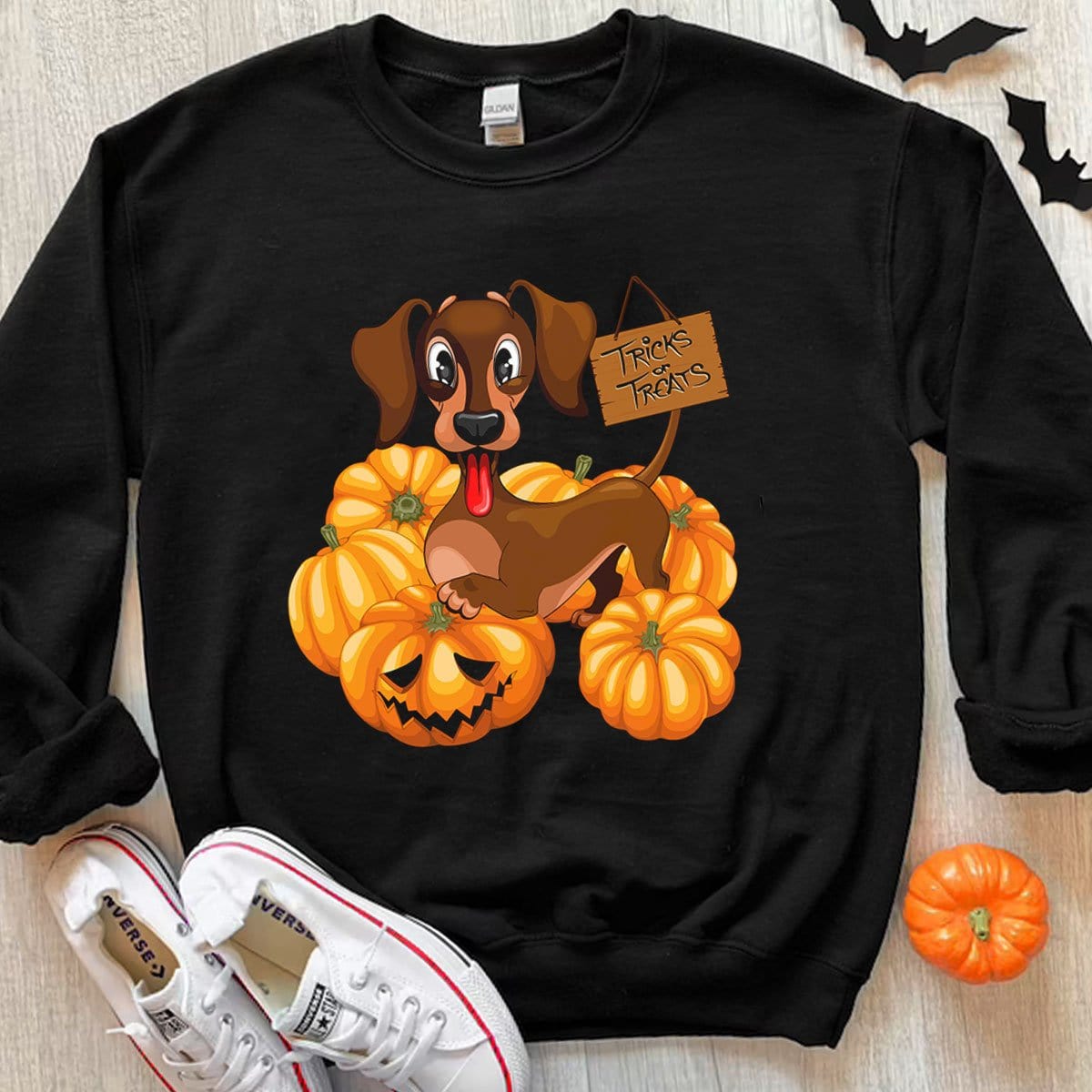 Sudadera con capucha y camisetas de Halloween con diseño de perro salchicha y truco o trato