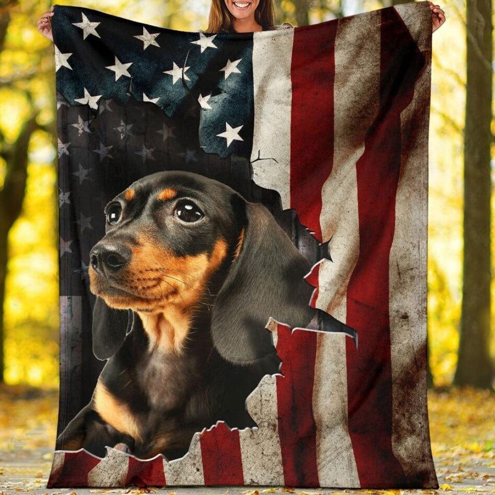 Manta de perro salchicha con bandera estadounidense, forro polar y sherpa