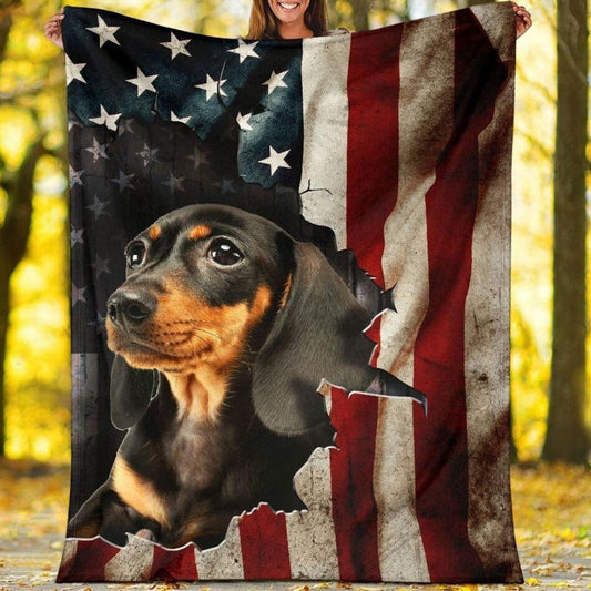 Manta de perro salchicha con bandera estadounidense, forro polar y sherpa