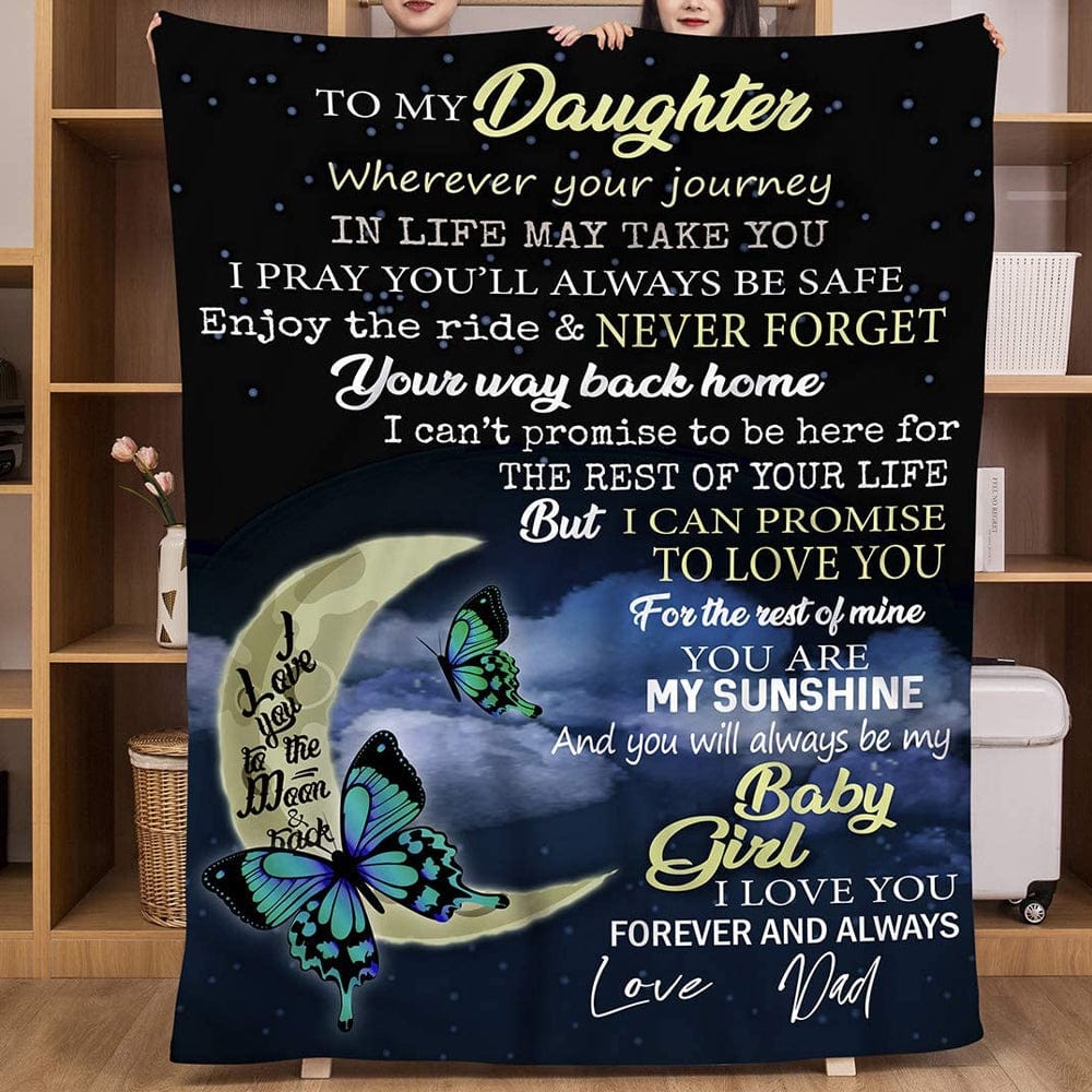 Para mi hija, con amor de papá. Manta polar y sherpa con diseño de mariposas y lunas