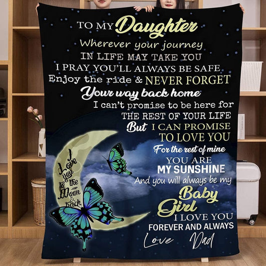 Para mi hija, con amor de papá. Manta polar y sherpa con diseño de mariposas y lunas