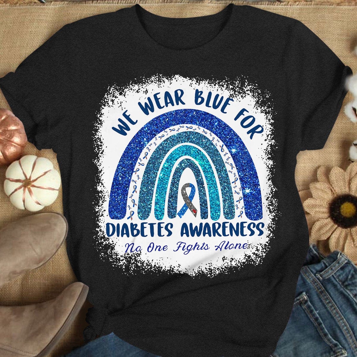 No One Fights Alone We Wear Blue For Diabetes Rainbow Shirt