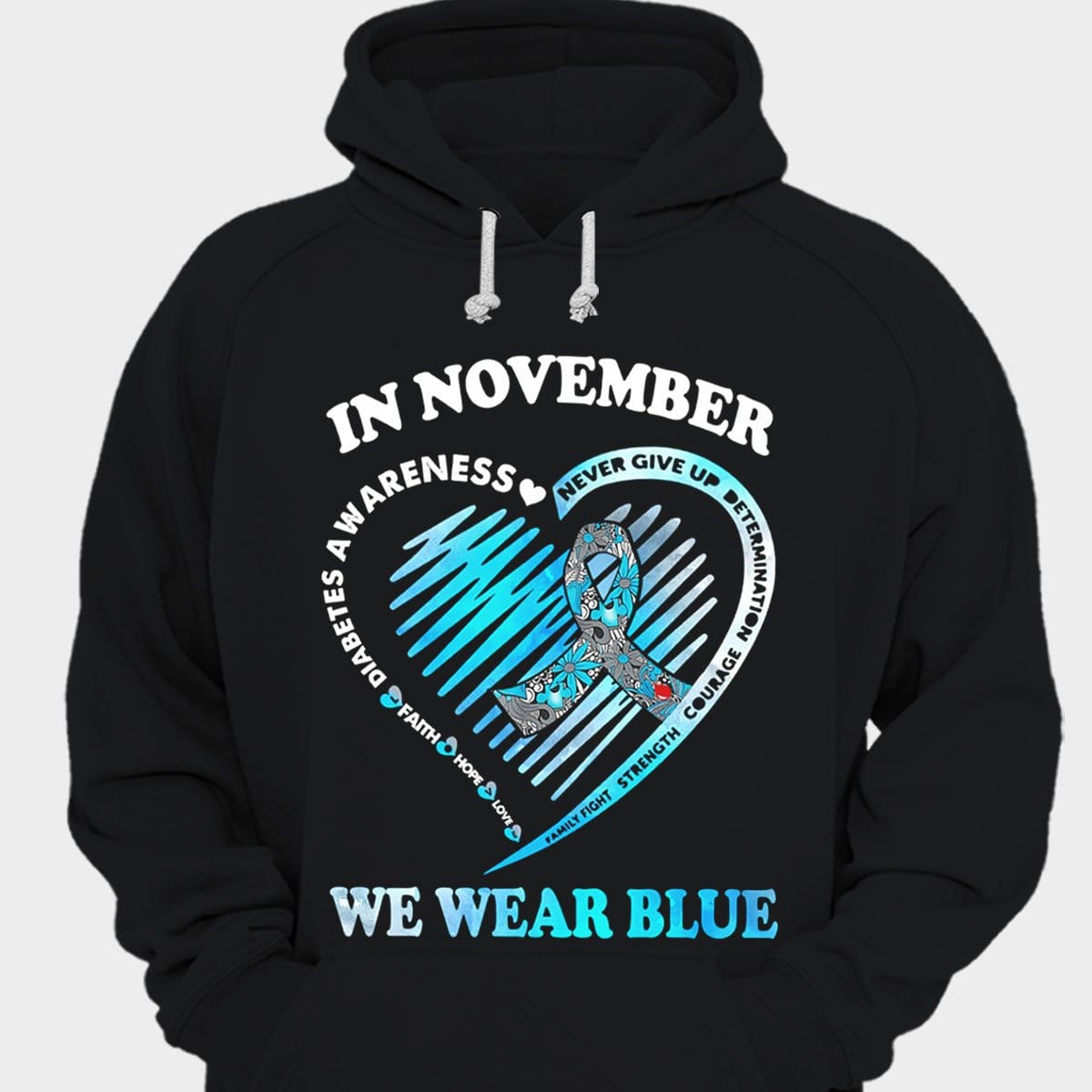 In November We Wear Blue Ribbon Heart Diabetes Shirts