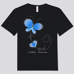 Camisetas con fe, esperanza, amor, mariposas y diabetes