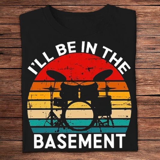 Camisetas vintage de baterista con la frase "Estaré en el sótano"