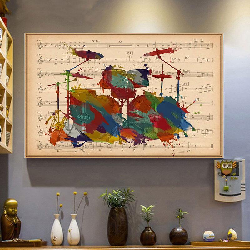 Póster de baterista con batería en acuarela, lienzo