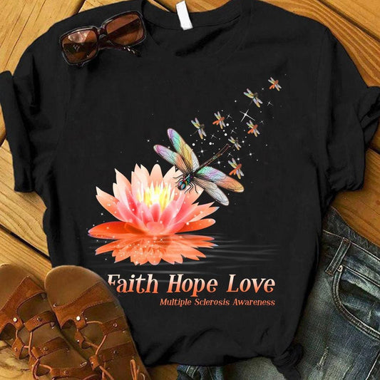 Camisetas de fe, esperanza y amor con loto y libélula para esclerosis múltiple