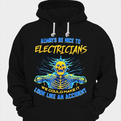 Camisetas divertidas con esqueletos que dicen "sé siempre amable con los electricistas"