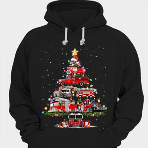 Camión de bomberos, árbol de Navidad, camisetas de bomberos