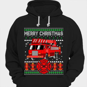 Camisetas de bomberos con mensaje navideño de camión de bomberos