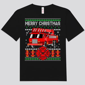 Camisetas de bomberos con mensaje navideño de camión de bomberos