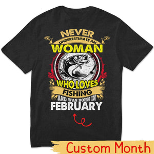 Personalized Women's Fishing Shirts Never Underestimate Old Woman Who Loves Fishing and Was Born In