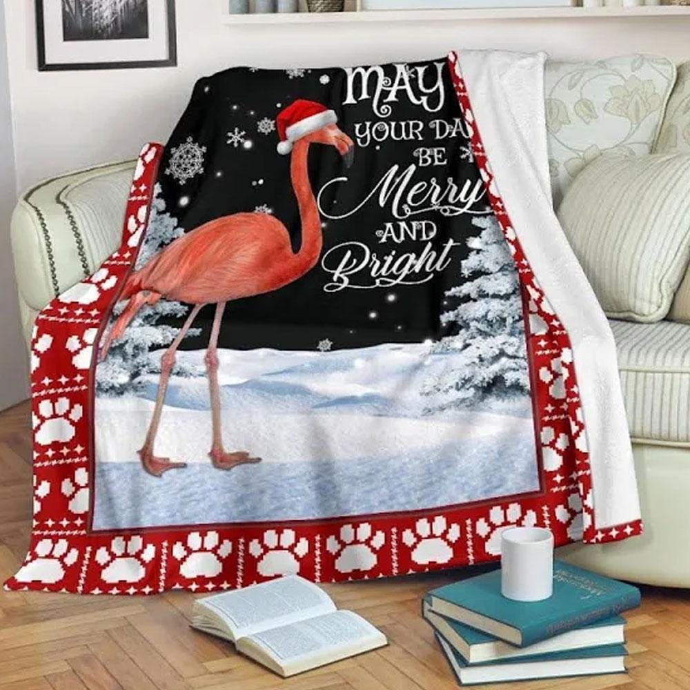 May Your Day Be Merry & Bright, Christmas Flamingo Blanket Fleece & Sherpa