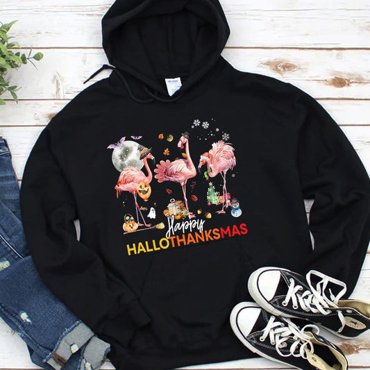 Sudadera con capucha y camiseta con el lema "Happy Hallothanksmas Flamingo"