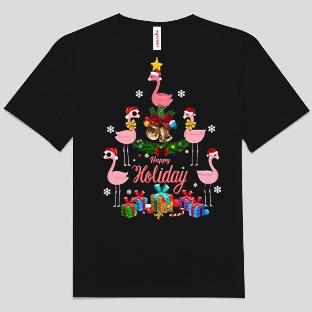 Camisetas de flamencos con felices fiestas navideñas